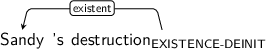 Dependency graph for sentence: Sandy ’s destruction. Token destruction is labeled EXISTENCE-DEINIT and has an edge labeled existent to token Sandy.