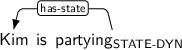 Dependency graph for sentence: Kim is partying. Token partying is labeled STATE-DYN and has an edge labeled has-state to token Kim.