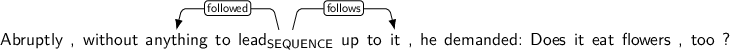 Dependency graph for sentence: Abruptly , without anything to lead up to it , he demanded: Does it eat flowers , too ?. Token lead is labeled SEQUENCE and has an edge labeled followed to token anything and an edge labeled follows to token it.