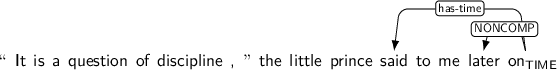 Dependency graph for sentence: “ It is a question of discipline , ” the little prince said to me later on. Token on is labeled TIME and has an edge labeled has-time to token said and an edge labeled NONCOMP to token later.