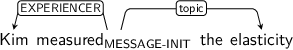 Dependency graph for sentence: Kim measured the elasticity. Token measured is labeled MESSAGE-INIT and has an edge labeled EXPERIENCER to token Kim and an edge labeled topic to token elasticity.