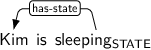 Dependency graph for sentence: Kim is sleeping. Token sleeping is labeled STATE and has an edge labeled has-state to token Kim.