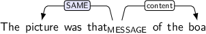 Dependency graph for sentence: The picture was that of the boa. Token that is labeled MESSAGE and has an edge labeled SAME:hl to token picture and an edge labeled content to token boa.