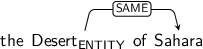 Dependency graph for sentence: the Desert of Sahara. Token Desert is labeled ENTITY and has an edge labeled SAME to token Sahara.