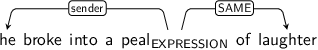 Dependency graph for sentence: he broke into a peal of laughter. Token peal is labeled EXPRESSION and has an edge labeled sender to token he and an edge labeled SAME to token laughter.