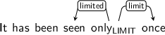 Dependency graph for sentence: It has been seen only once. Token only is labeled LIMIT and has an edge labeled limited to token seen and an edge labeled limit to token once.