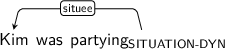 Dependency graph for sentence: Kim was partying. Token partying is labeled SITUATION-DYN and has an edge labeled situee to token Kim.