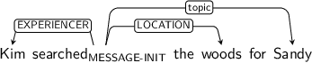 Dependency graph for sentence: Kim searched the woods for Sandy. Token searched is labeled MESSAGE-INIT and has an edge labeled EXPERIENCER to token Kim and an edge labeled LOCATION to token woods and an edge labeled topic to token Sandy.